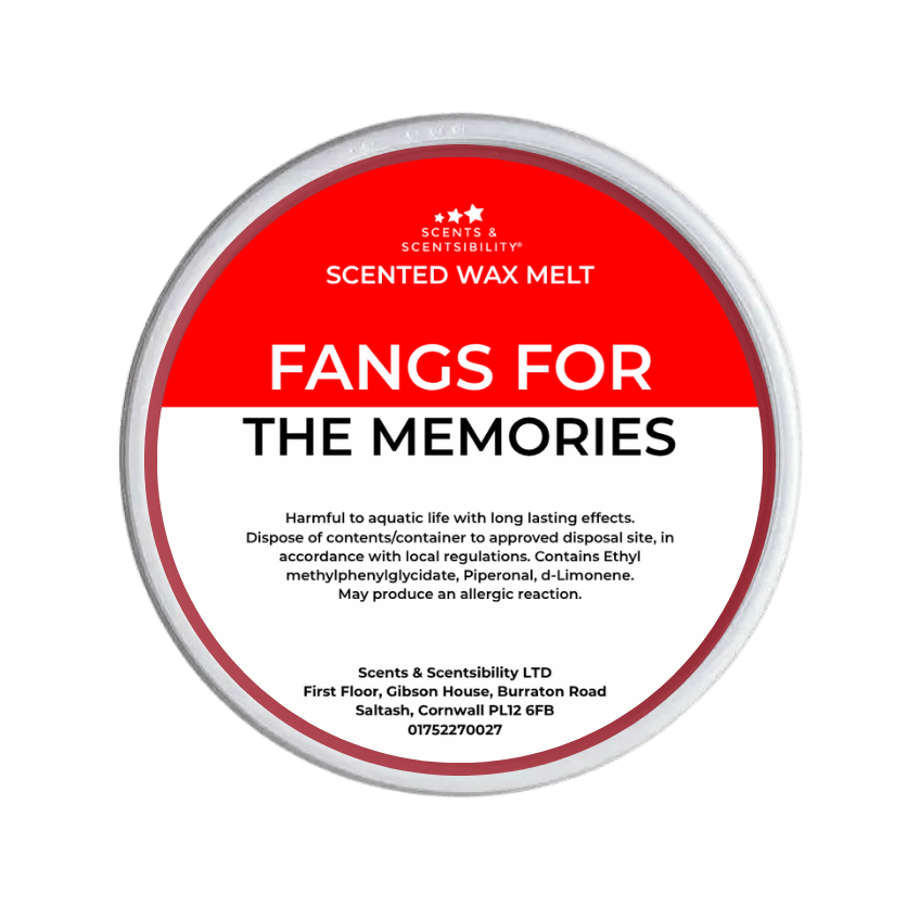 Scented wax melt container labeled 'Fangs for the Memories' on a red background