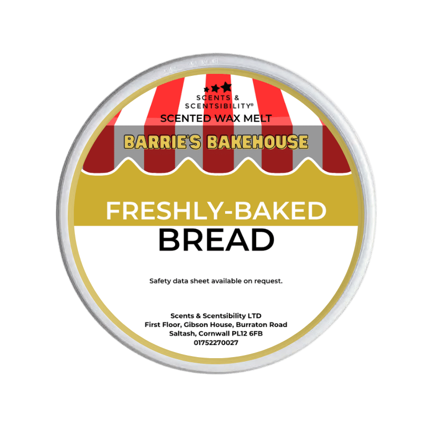 Scented wax melt container labeled 'Freshly-Baked Bread' by Barrie's Bakehouse on a green background