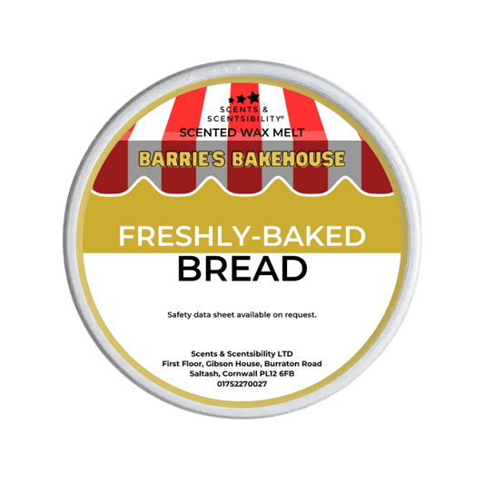 Scented wax melt container labeled 'Freshly-Baked Bread' by Barrie's Bakehouse on a green background