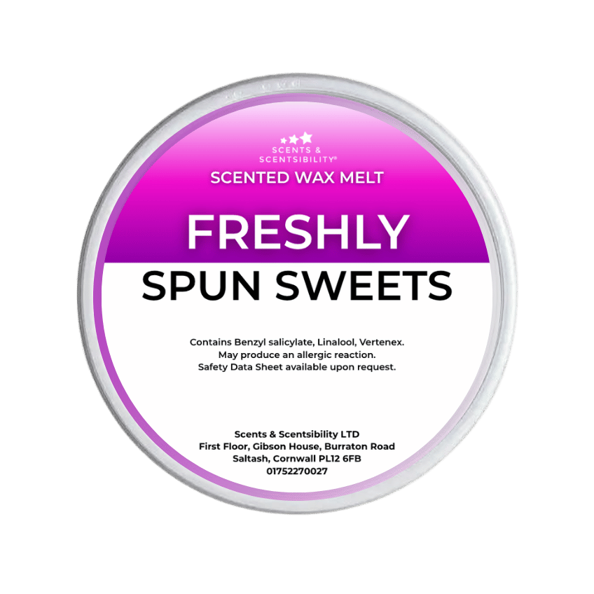 Scented wax melt container labeled 'Freshly Spun Sweets' on a green background