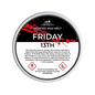 A round tin of Scents & Scentsibility Friday 13th Scented Wax Melt, featuring a black and white label with red blood-splatter graphics and hazard symbols.