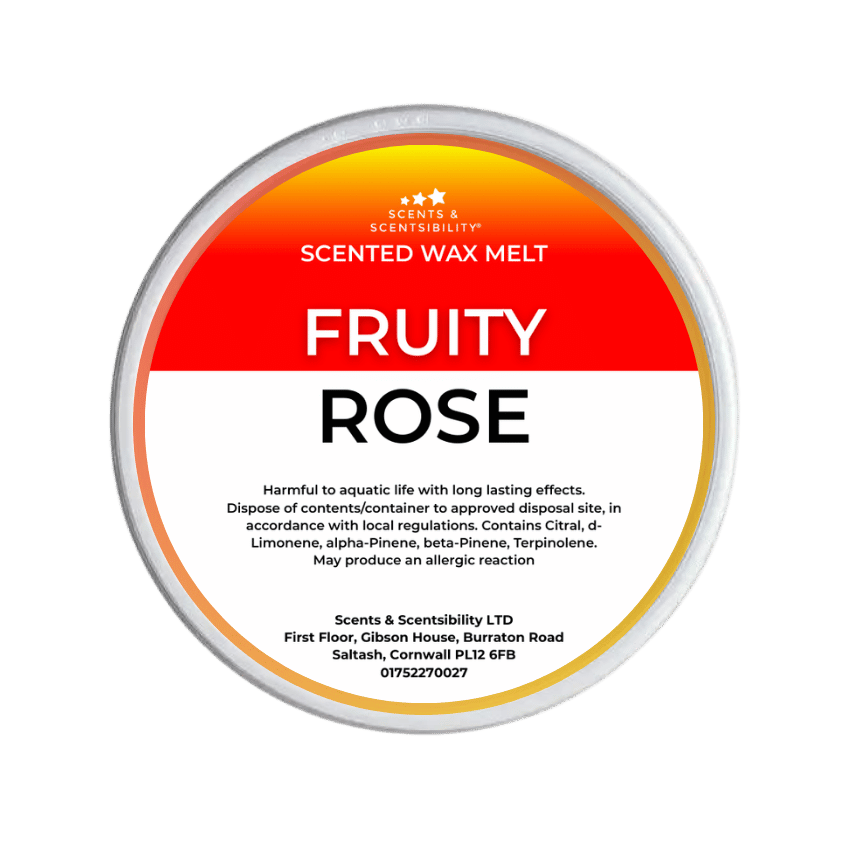 Scented wax melt container labeled 'Fruity Rose' on a green background