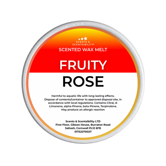 Scented wax melt container labeled 'Fruity Rose' on a green background