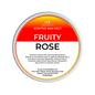 Scented wax melt container labeled 'Fruity Rose' on a green background