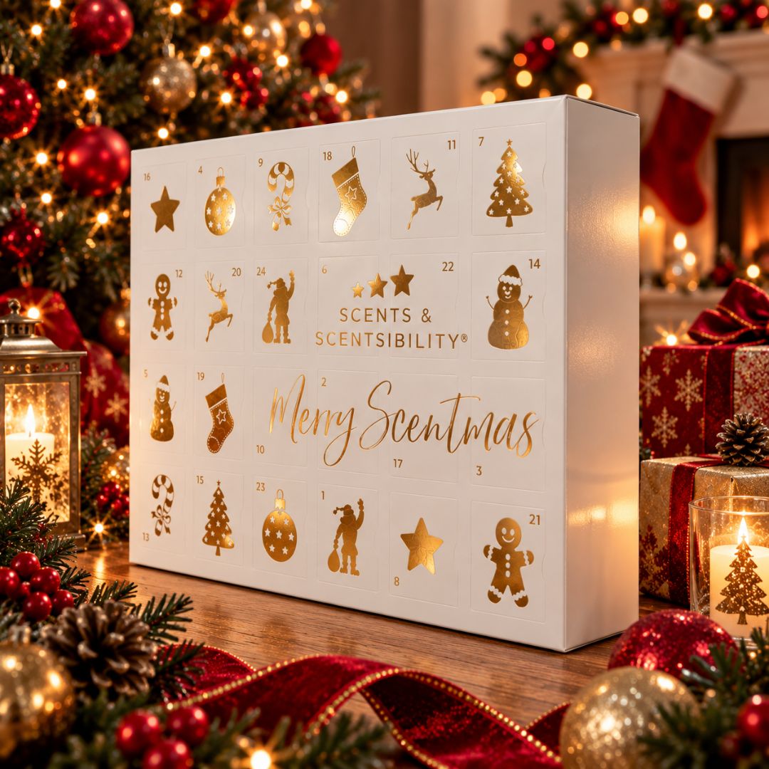 A white Christmas advent calendar box with gold foil illustrations and the text 'SCENTS & SCENTSIBILITY Merry Scentmas' on the front, displayed on a wooden surface surrounded by festive lights, ornaments, and wrapped gifts.