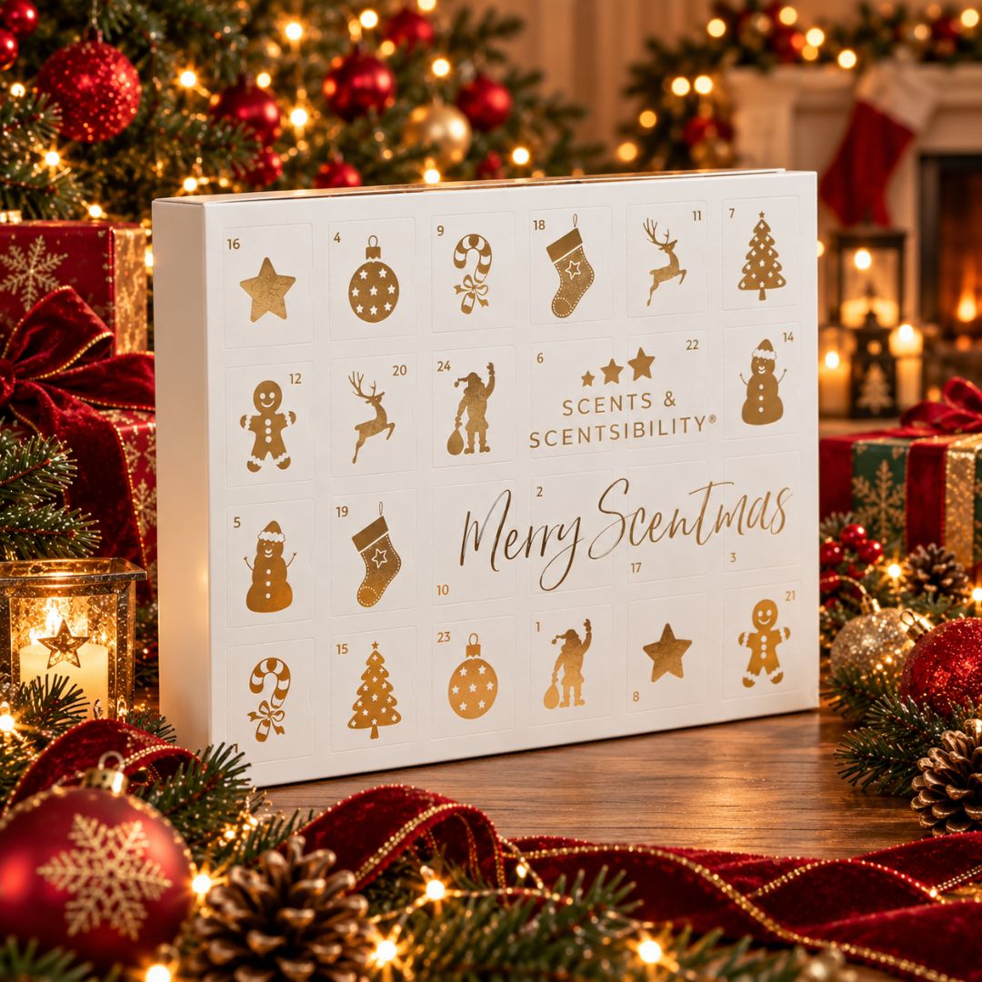 A white advent calendar with gold holiday illustrations and the text 'Merry Scentmas' and 'SCENTS & SCENTSIBILITY' on the front, photographed on a wooden surface with Christmas decorations, ornaments, ribbons, and warm string lights in the background.