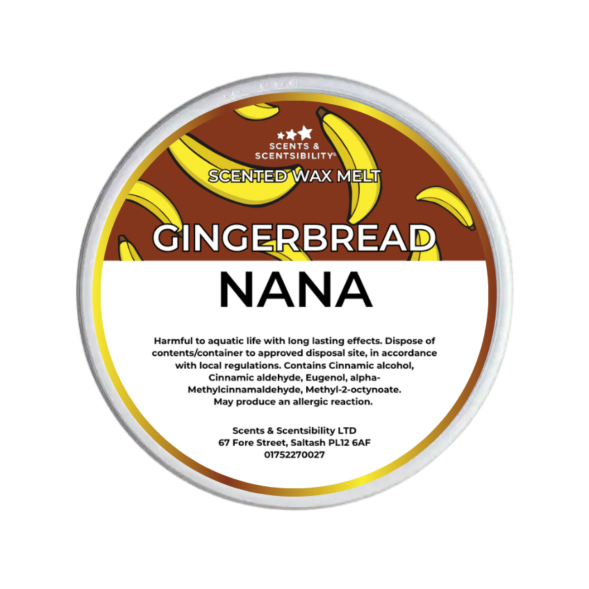 A round tin of Scents & Scentsibility Gingerbread Nana scented wax melt, featuring a brown and white label with yellow banana illustrations.