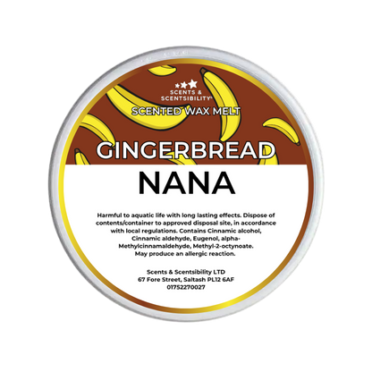 A round tin of Scents & Scentsibility Gingerbread Nana scented wax melt, featuring a brown and white label with yellow banana illustrations.