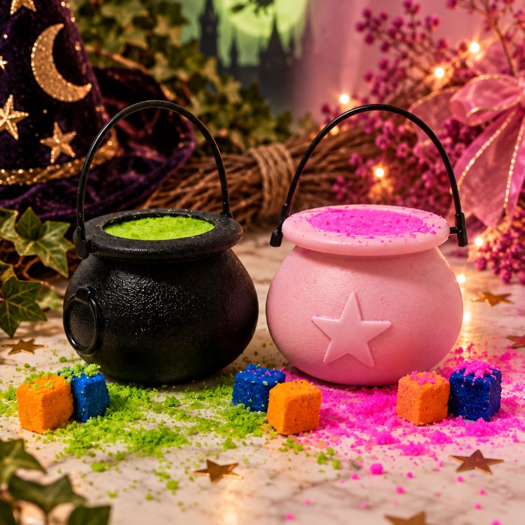 Two small decorative cauldron-shaped containers with black handles, one black and one pink, filled with colorful bath bomb powder and surrounded by bath bomb cubes and festive decorations.