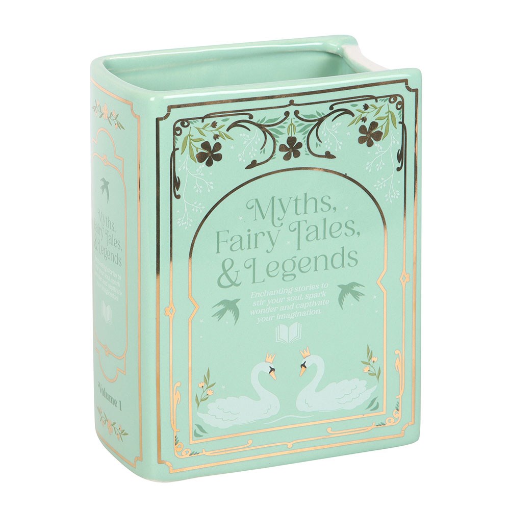 Mint green book shaped vase with 'Myths, Fairy Tales & Legends' text and swan illustrations on a white background
