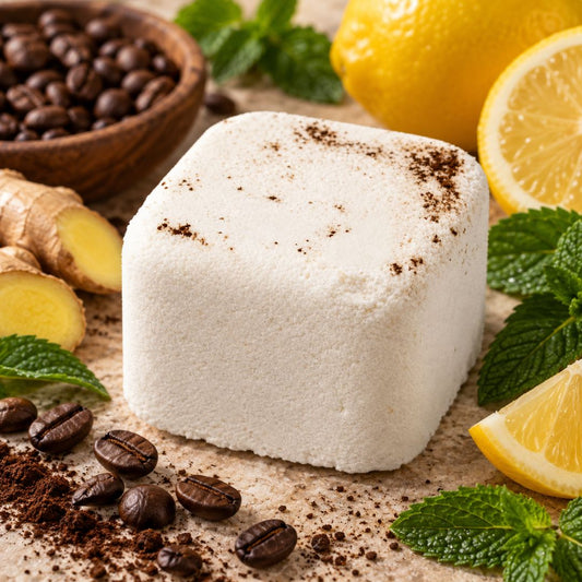 A square white shower steamer, topped with ground coffee powder, styled with coffee beans, lemon slices, ginger, and mint leaves on a neutral surface.