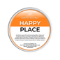Scented wax melt container labeled 'Happy Place' on a green background
