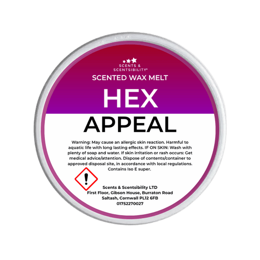 Scented wax melt container labeled 'Hex Appeal' with Scents & Scentsibility branding on a green background.