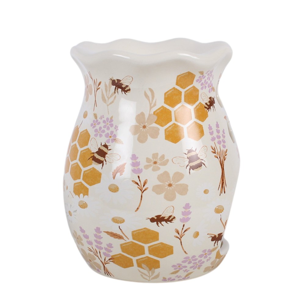 Honey Bee Fluted Wax Warmer & Oil Burner in white ceramic, featuring golden honeycomb patterns, buzzing bees, delicate flowers and a scalloped rim.