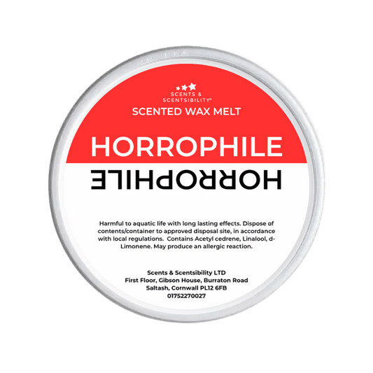 Scented wax melt container labeled 'Horrophile' with a red label on a white background.