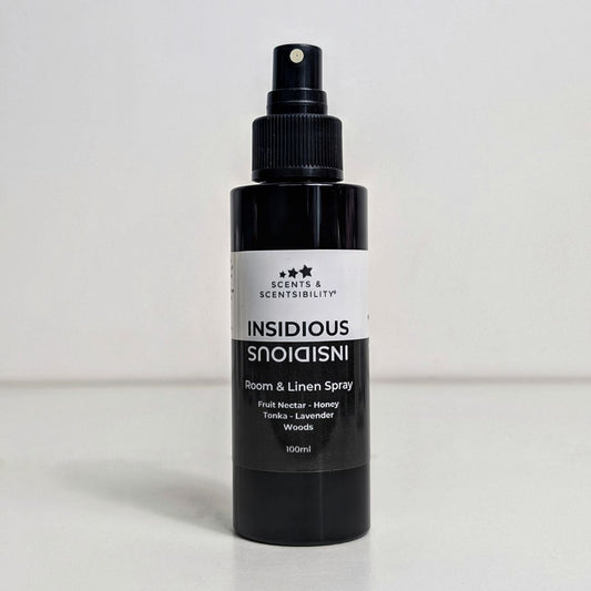 Black spray bottle labeled 'Insidious' on a light gray background