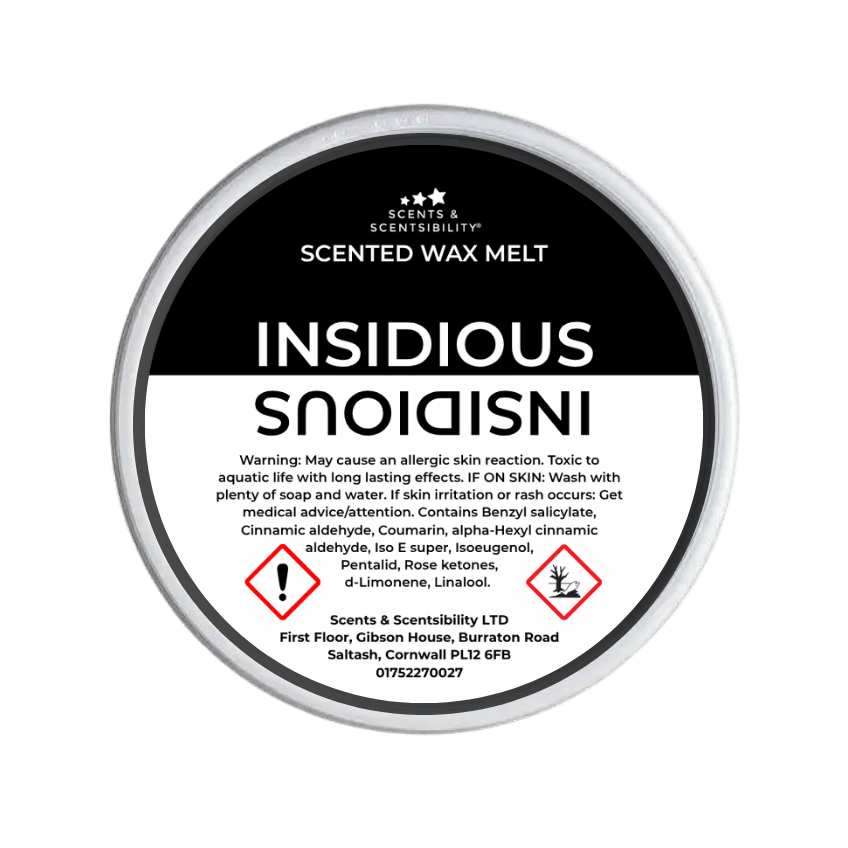 Scented wax melt container with 'Insidious' label on a green background