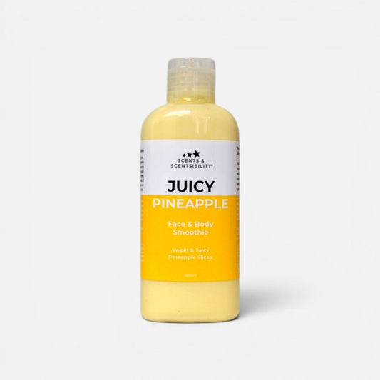 Bottle of 'Juicy Pineapple' face and body lotion on a white background