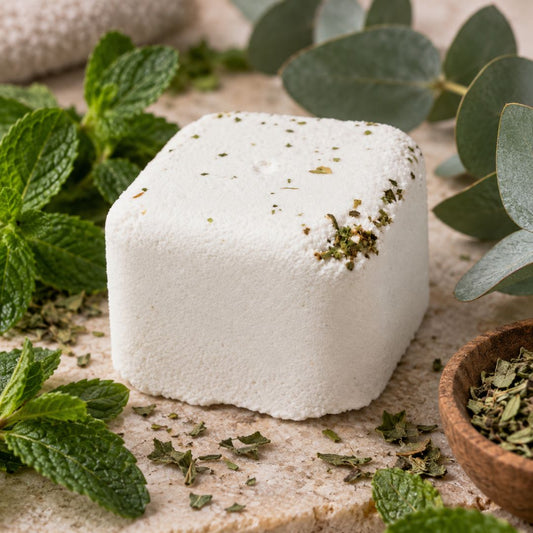 A white square shower steamer with dried green herbs sprinkled on top, styled on a stone surface with fresh mint leaves, eucalyptus leaves, and a small wooden bowl of herbs.