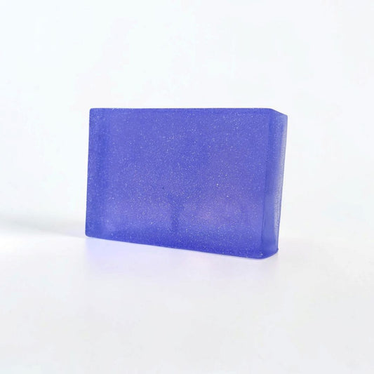Purple rectangular Lavender Essential Oil soap bar with a subtle shimmer on a white background.