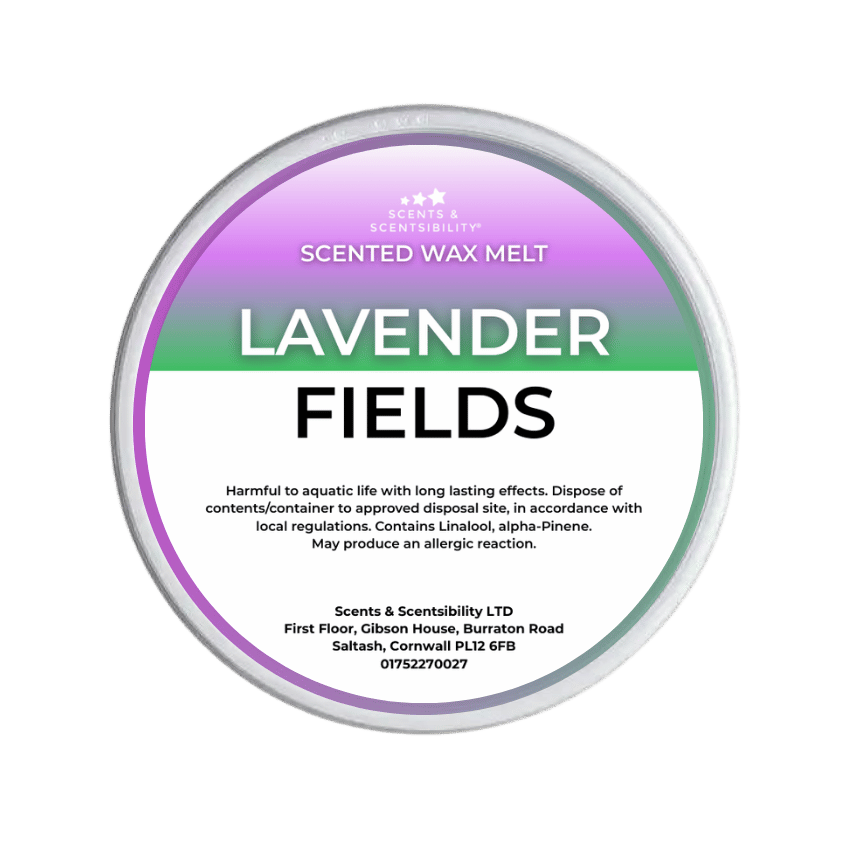 Scented wax melt container labeled 'Lavender Fields' on a green background