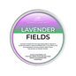 Scented wax melt container labeled 'Lavender Fields' on a green background