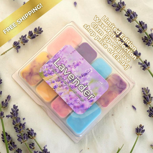 A selection box of colourful wax melts on a white surface with lavender flowers. 