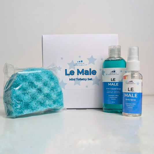 A White box with 3 bath and body products labelled 'Le Male'