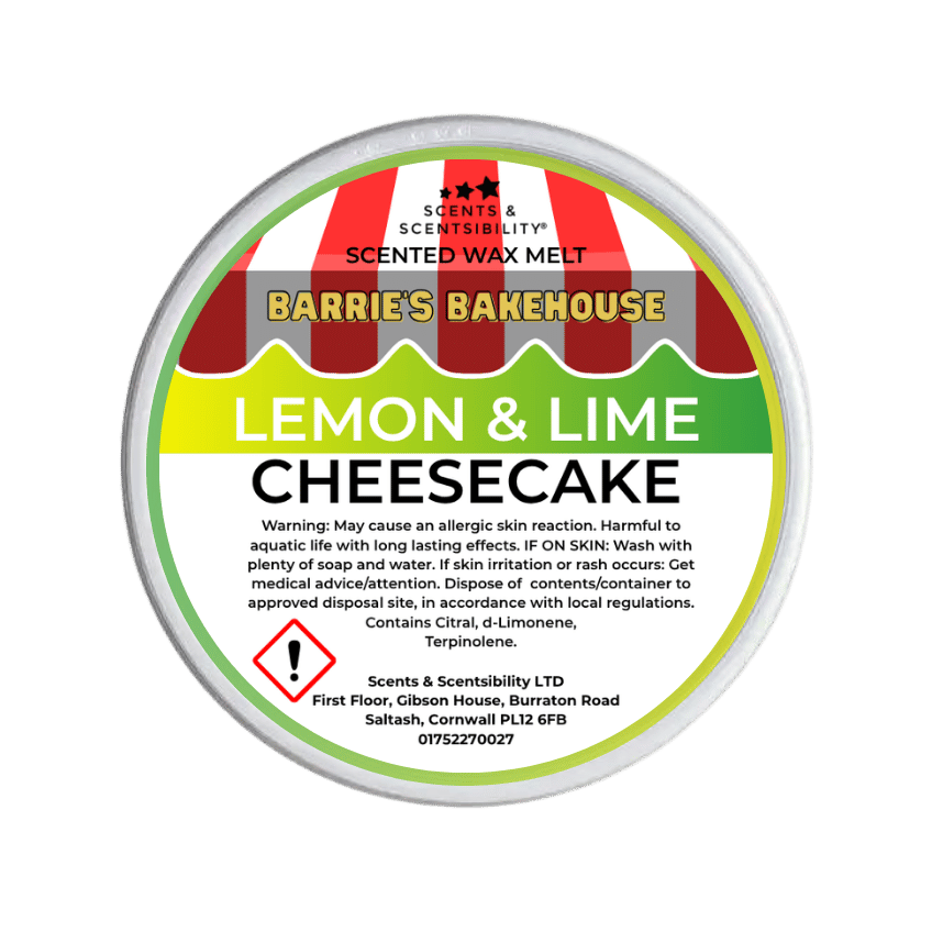 Scented wax melt container with 'Barrie's Bakehouse' branding and lemon & lime cheesecake flavor on a green background.