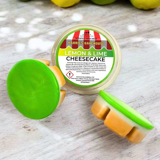 Barrie's Bakehouse lemon and lime cheesecake wax melt on a wooden surface