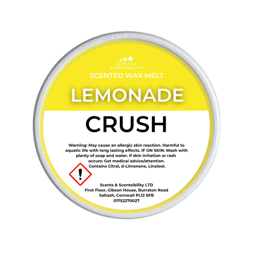 A Scents & Sensibility 'Lemonade Crush' scented wax melt, featuring a bright yellow and white label on a solid dark green background.