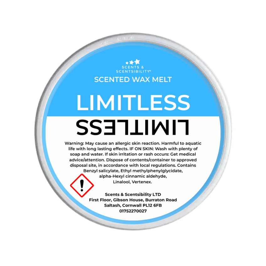 Scented wax melt container labeled 'Limitless' with blue and white label on a green background