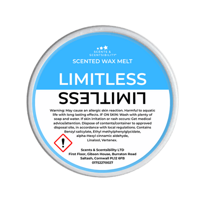 Scented wax melt container labeled 'Limitless' with blue and white label on a green background