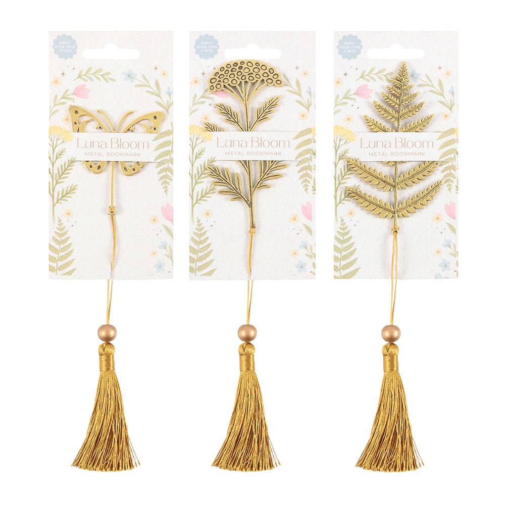 Three gold tassel bookmarks with 'Luna Bloom' packaging on a white background