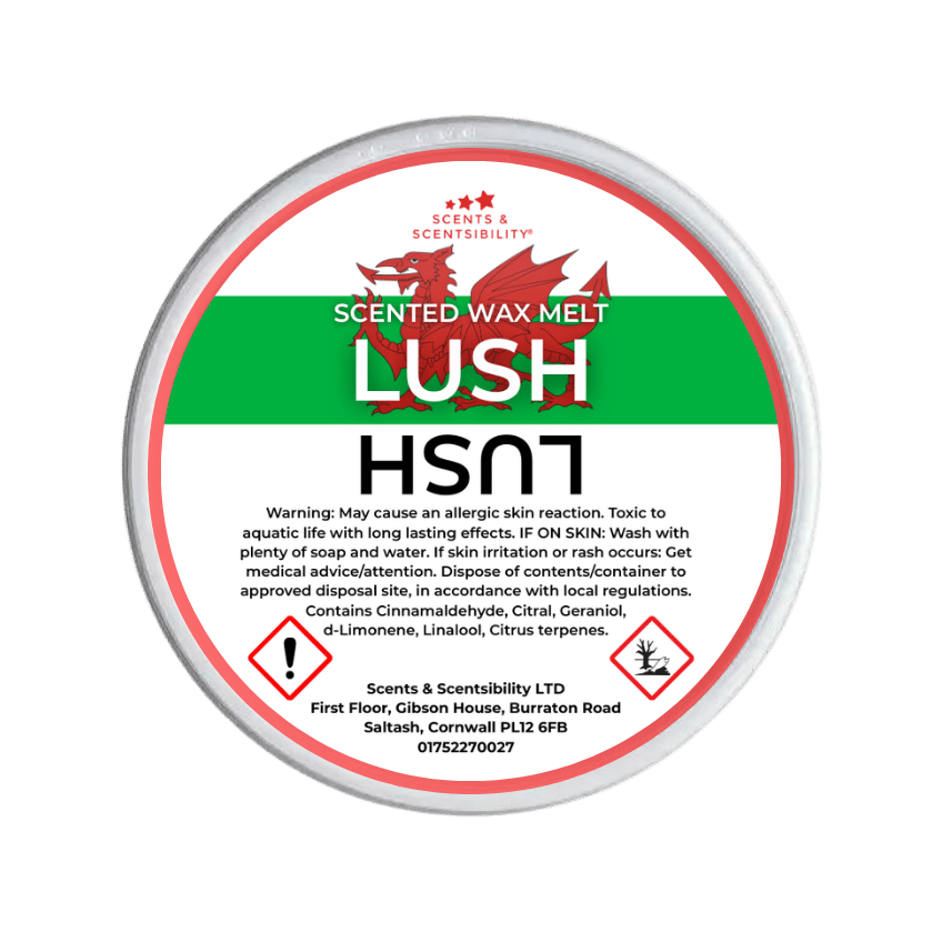 Lush scented wax melt container with label on a green background