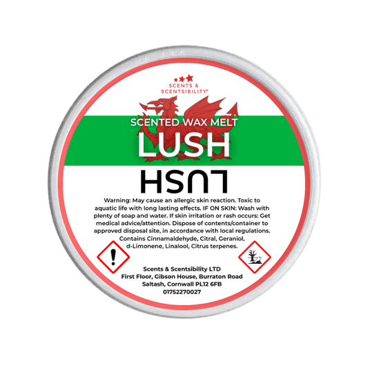 Lush scented wax melt container with label on a green background