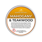 A round tub of Scents & Scentsibility Scented Wax Melt in the 'Mahogany & Teakwood' scent, featuring a metallic gold and orange label with white text and a red hazard warning icon.