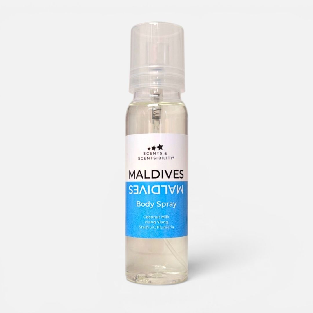 Body spray bottle labeled 'Maldives' on a white background