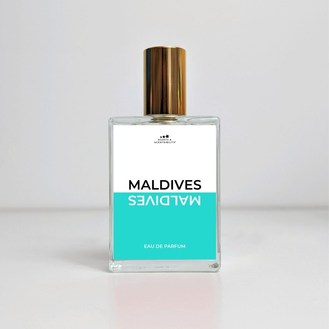 Perfume bottle labeled 'Maldives' on a light gray background