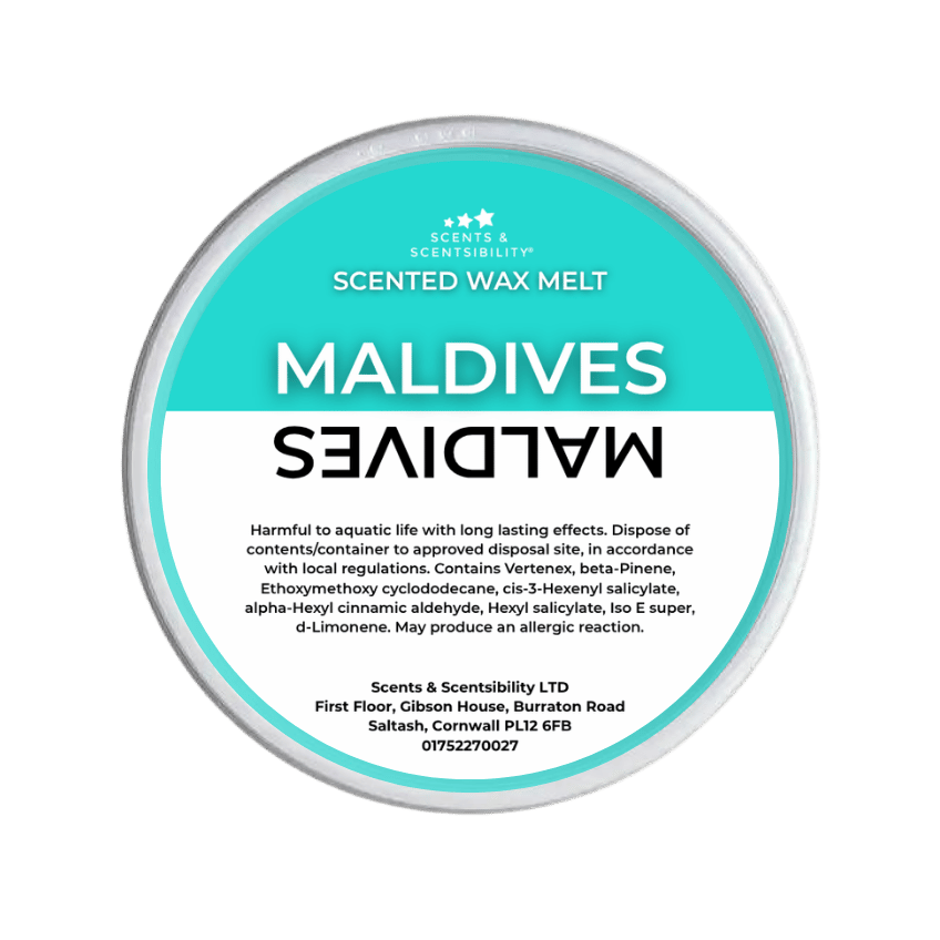 Scented wax melt container labeled 'Maldives' on a green background