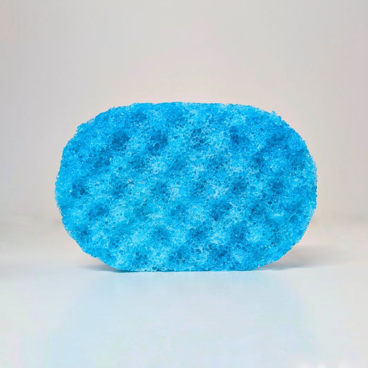 A bright blue textured oval sponge or scrubber standing upright on a light gray studio background.