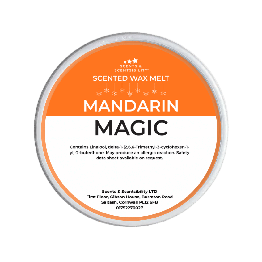 Scented wax melt container labeled 'Mandarin Magic' on a green background
