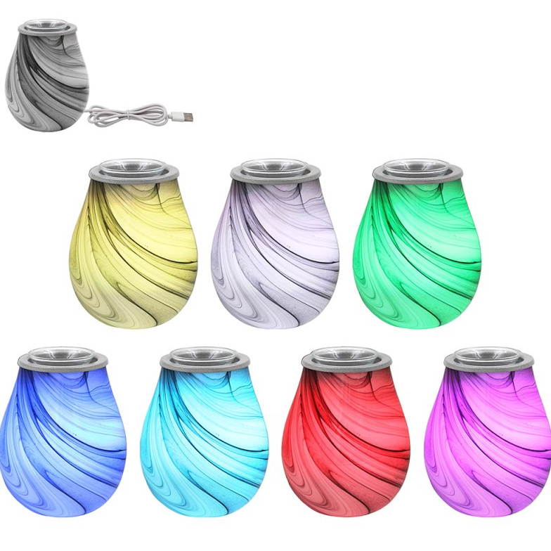 Set of colourful wax melt warmers with a USB cable on a white background