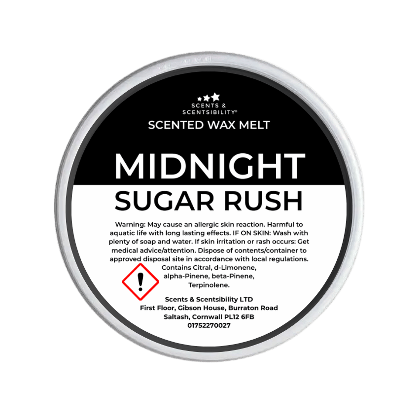 Scented wax melt container labeled 'Midnight Sugar Rush' with branding and contact information.