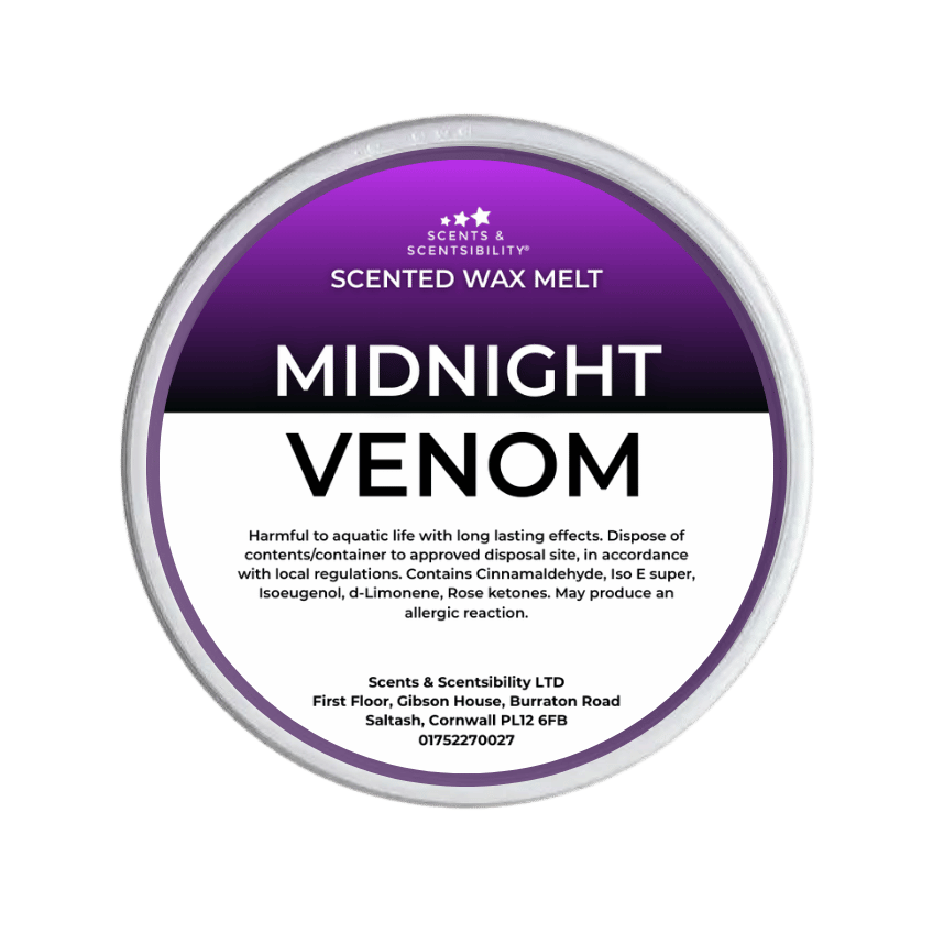 Scented wax melt container labeled 'Midnight Venom' with purple and white design.