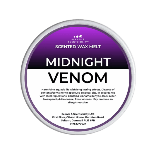 Scented wax melt container labeled 'Midnight Venom' with purple and white design.