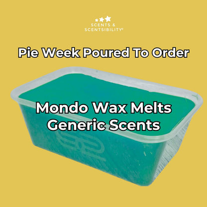 Container of Mondo Wax Melts on a yellow background with text overlay.