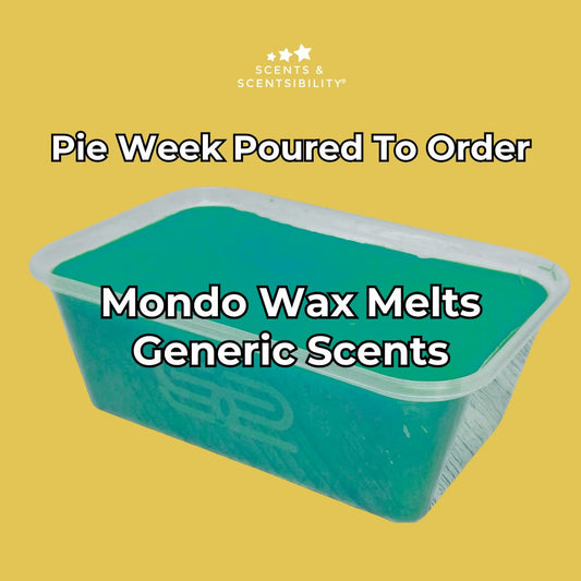 Container of Mondo Wax Melts on a yellow background with text overlay.