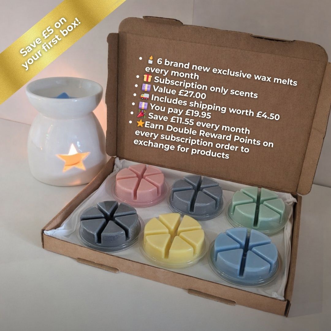 Box of wax melts with a candle and promotional text on a light background