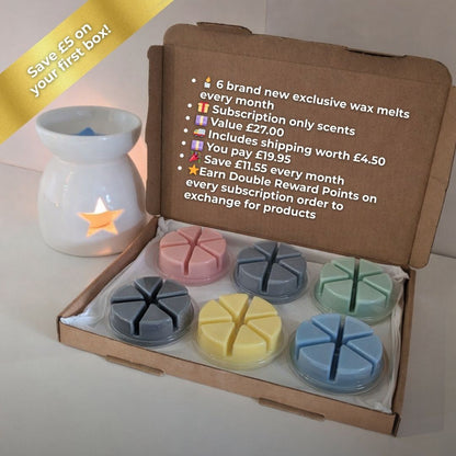 Box of wax melts with a candle and promotional text on a light background